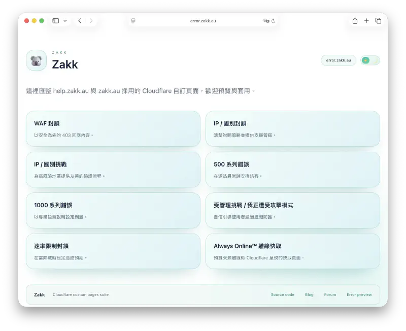 Homepage of the custom Cloudflare error pages in light mode